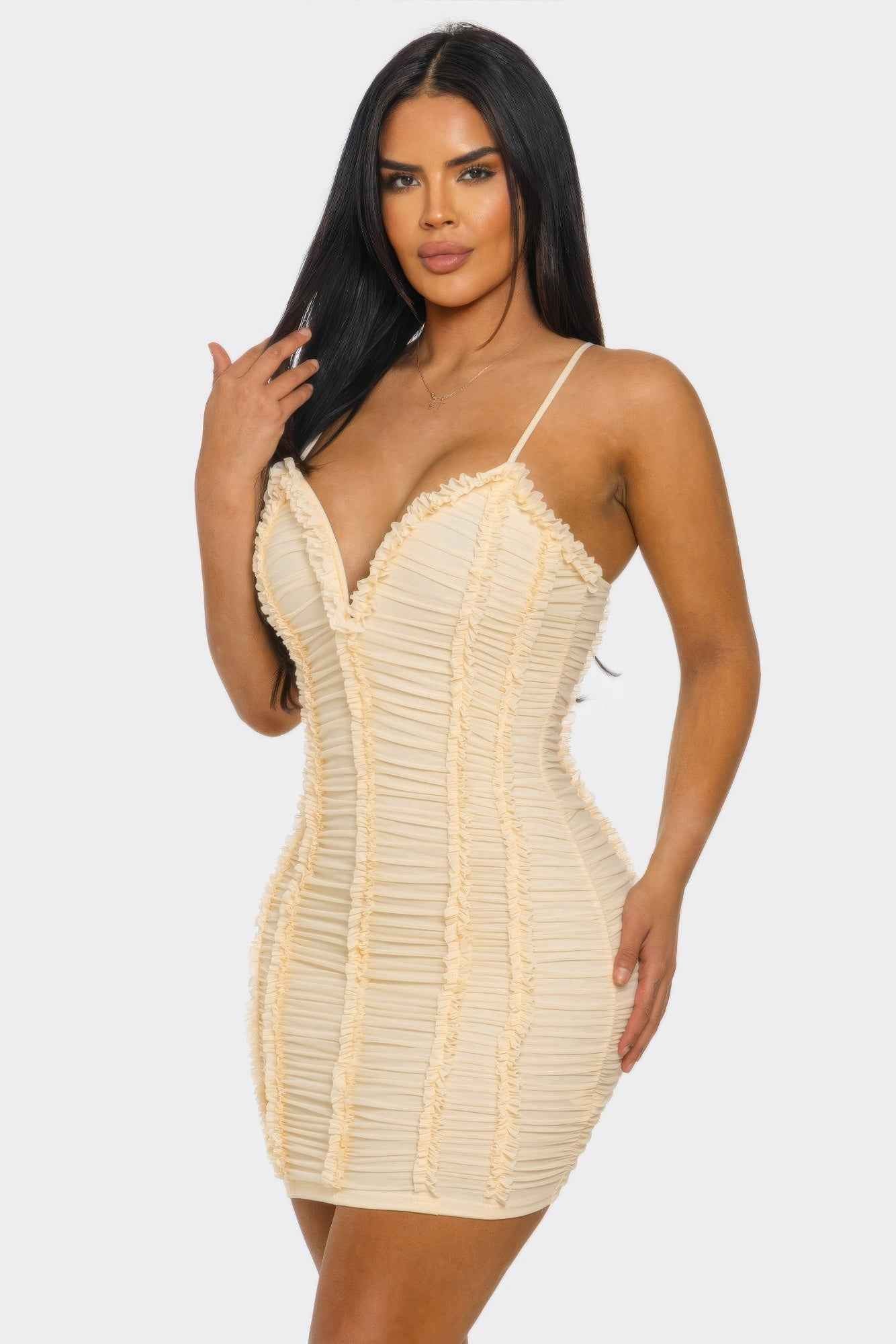 Ruched Mini Dress - Sweetheart Neck Ruffle Spaghetti
