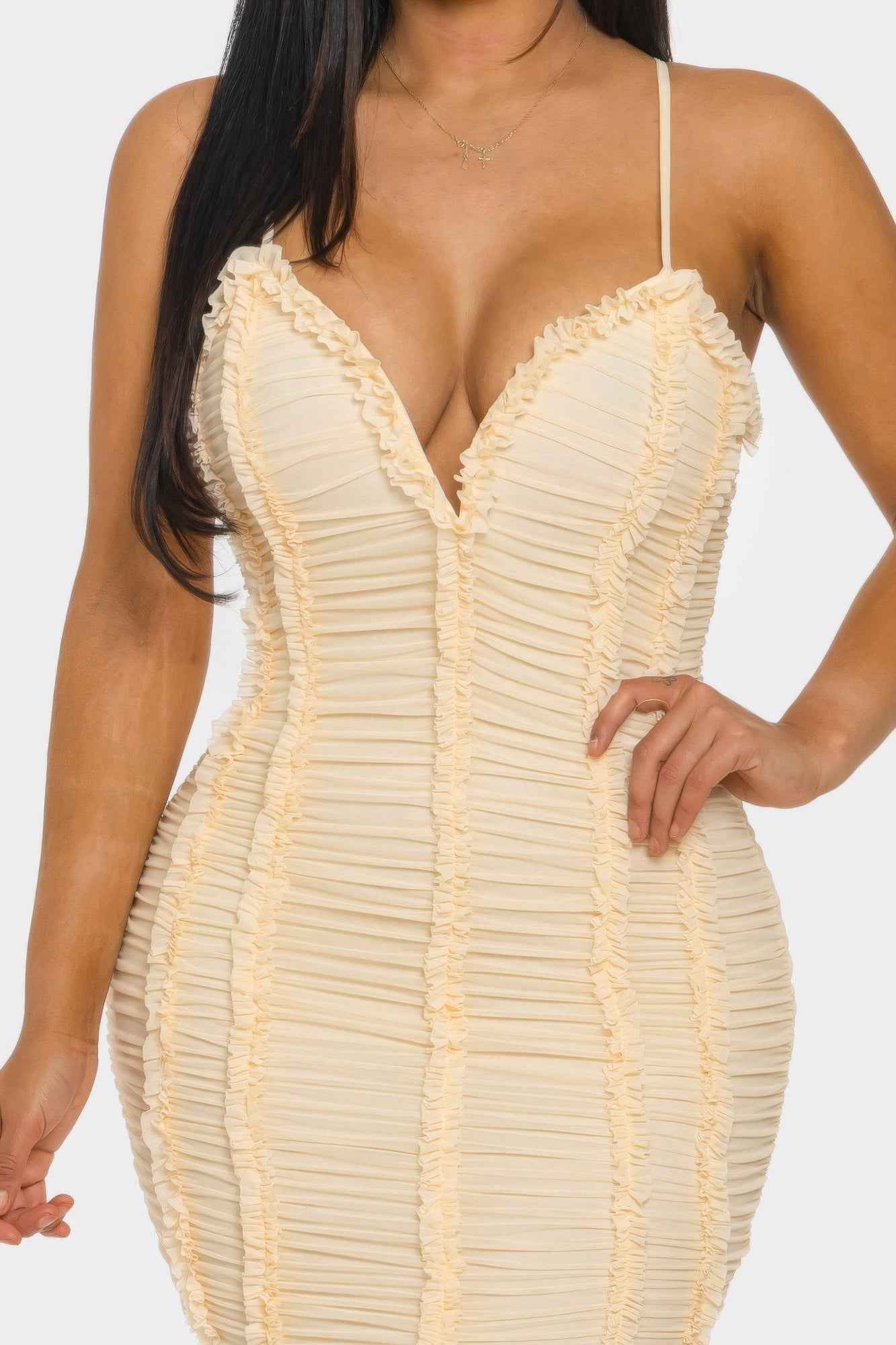 Ruched Mini Dress - Sweetheart Neck Ruffle Spaghetti