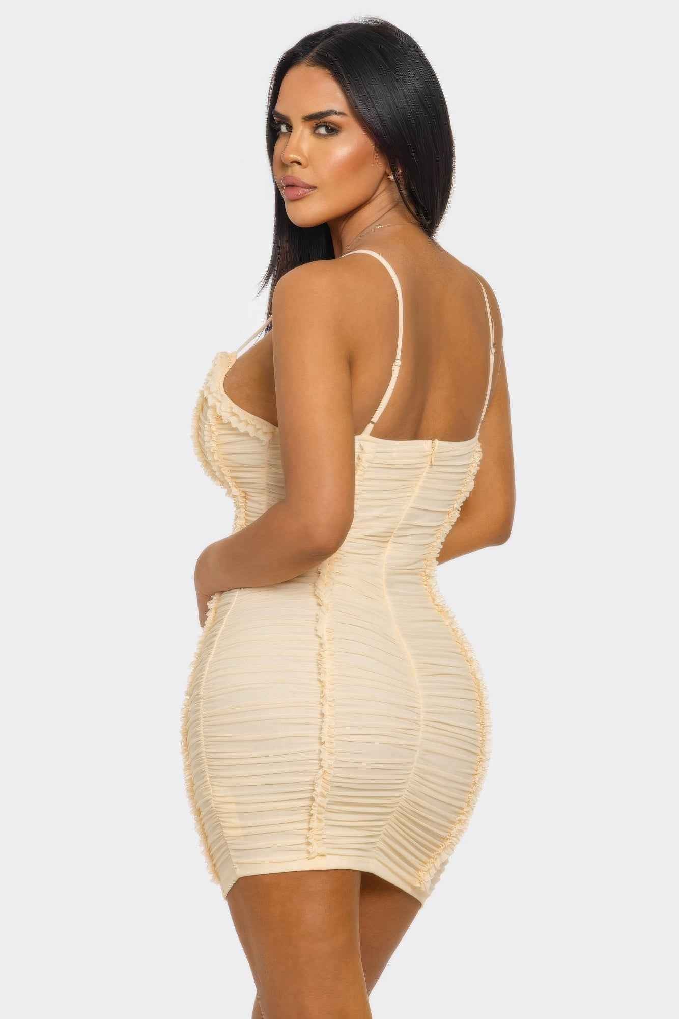 Ruched Mini Dress - Sweetheart Neck Ruffle Spaghetti