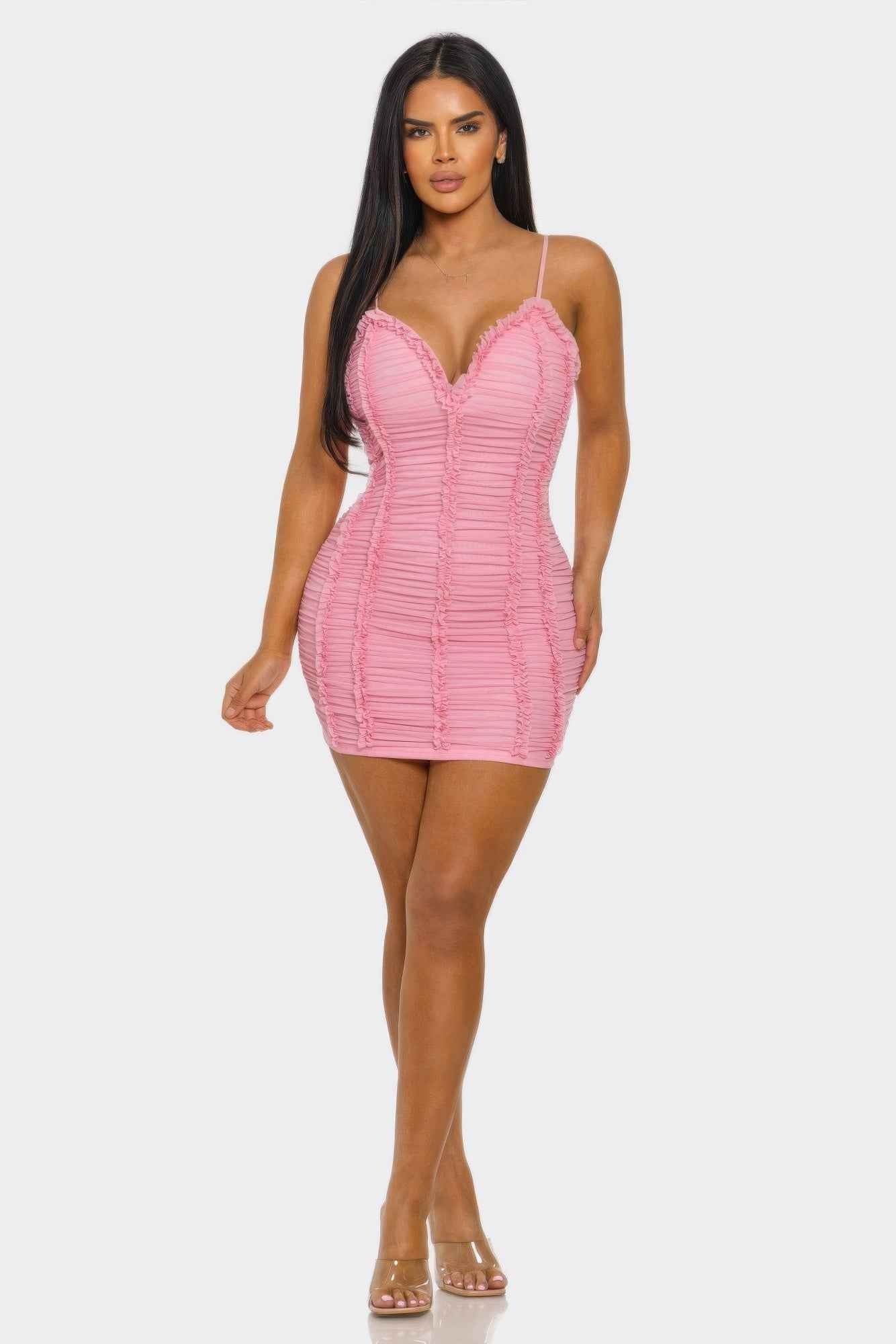 Ruched Mini Dress - Sweetheart Neck Ruffle Spaghetti
