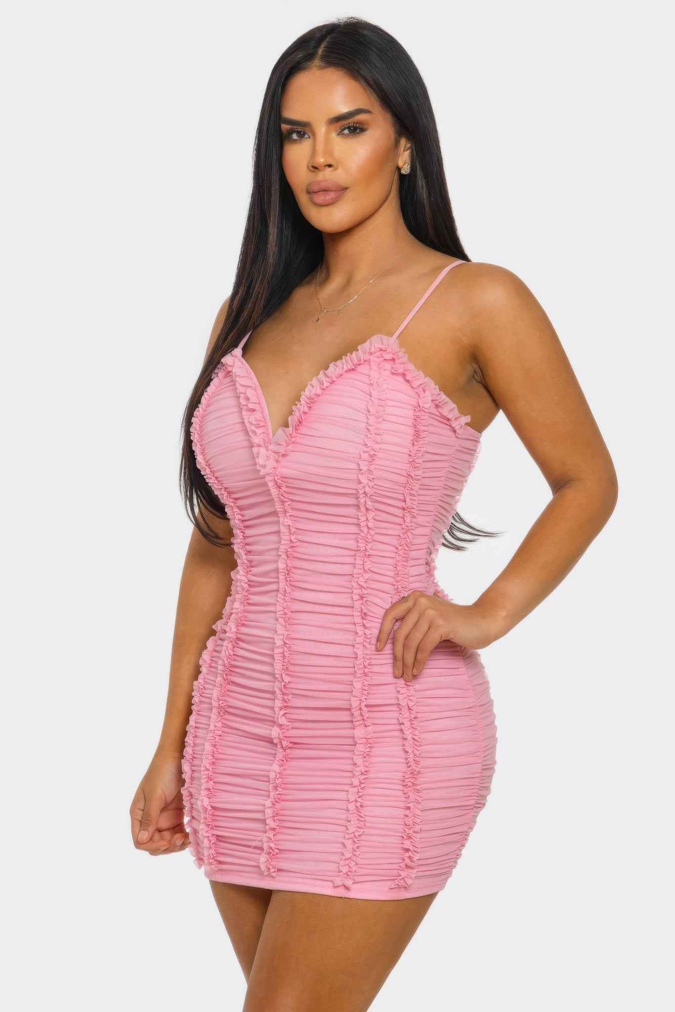 Ruched Mini Dress - Sweetheart Neck Ruffle Spaghetti