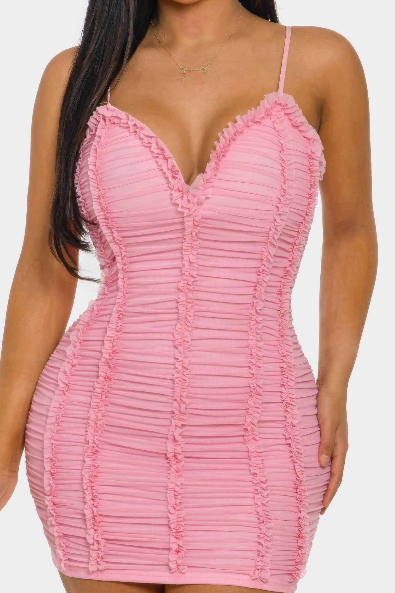 Ruched Mini Dress - Sweetheart Neck Ruffle Spaghetti