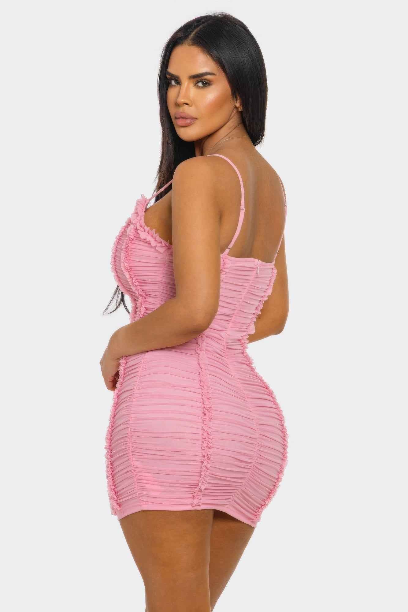 Ruched Mini Dress - Sweetheart Neck Ruffle Spaghetti