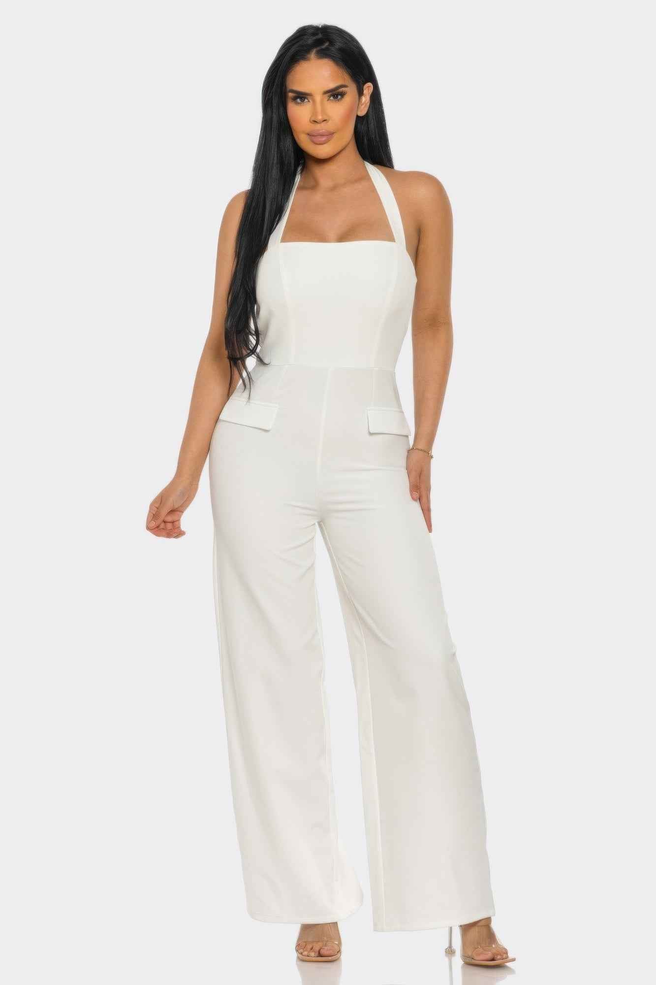 Halter Neck Jumpsuit - Open Shoulder Back Zipper