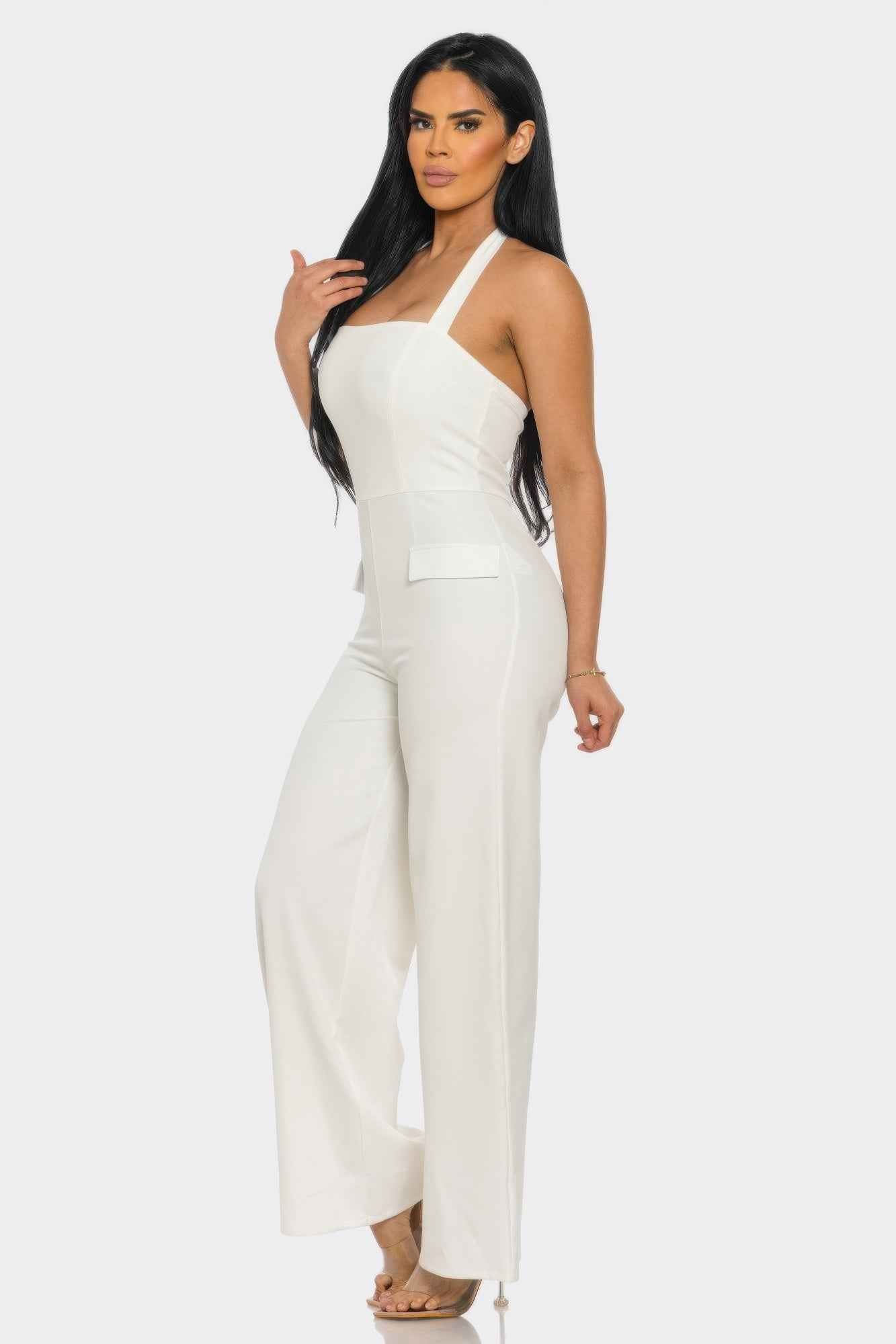 Halter Neck Jumpsuit - Open Shoulder Back Zipper