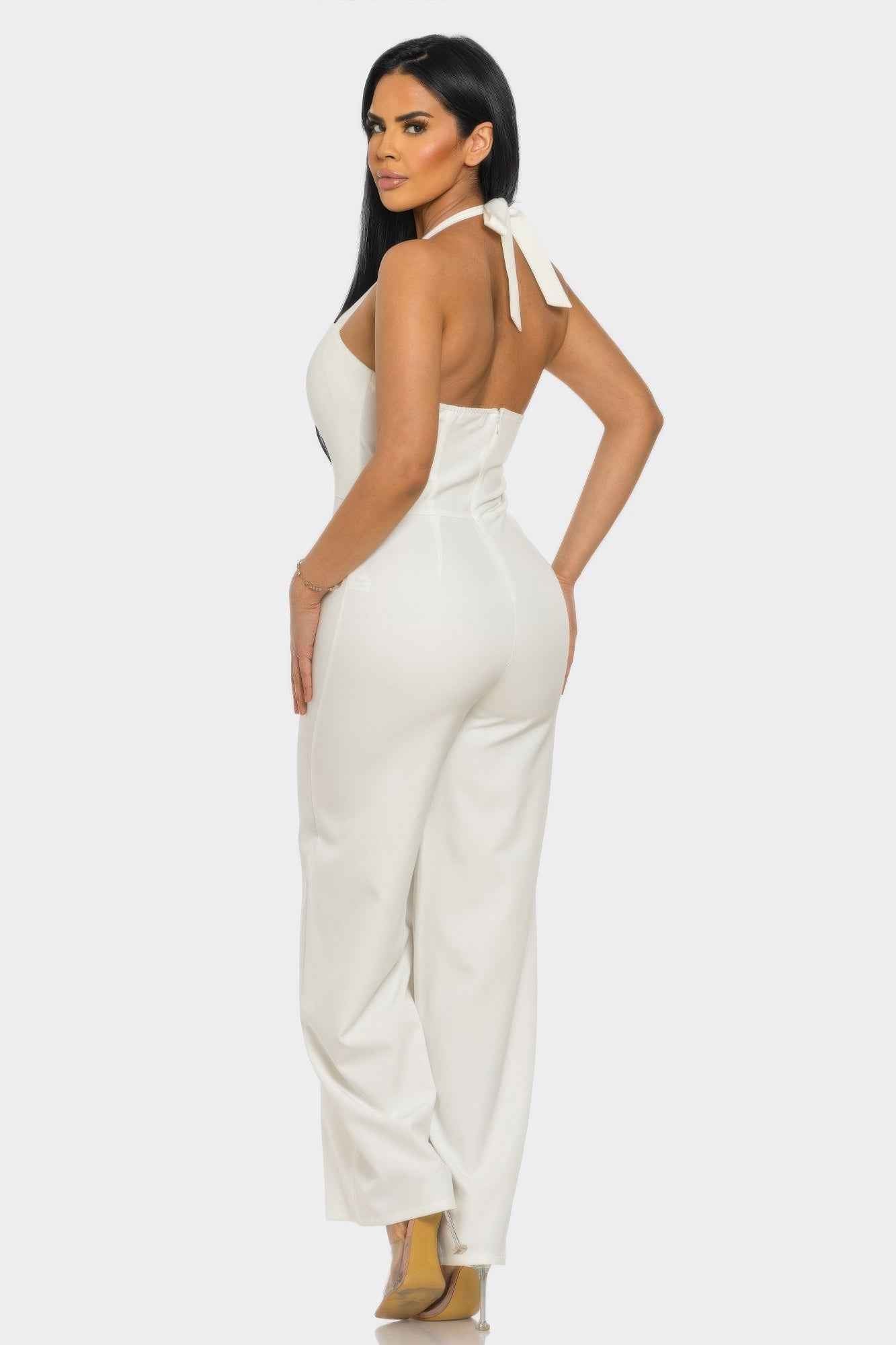 Halter Neck Jumpsuit - Open Shoulder Back Zipper