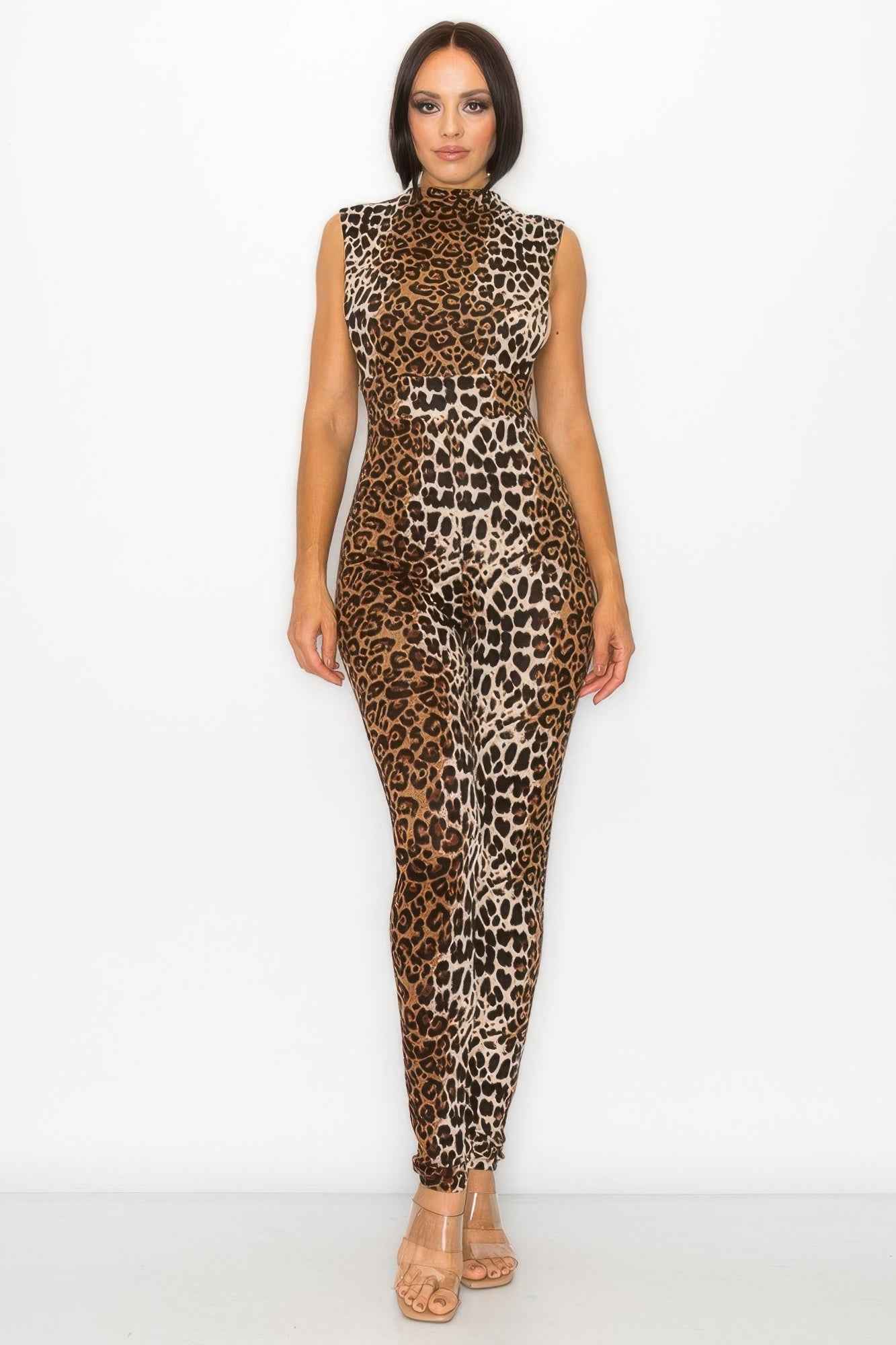 Animal Print Jumpsuit - Long Sleeve Open Side Cutout