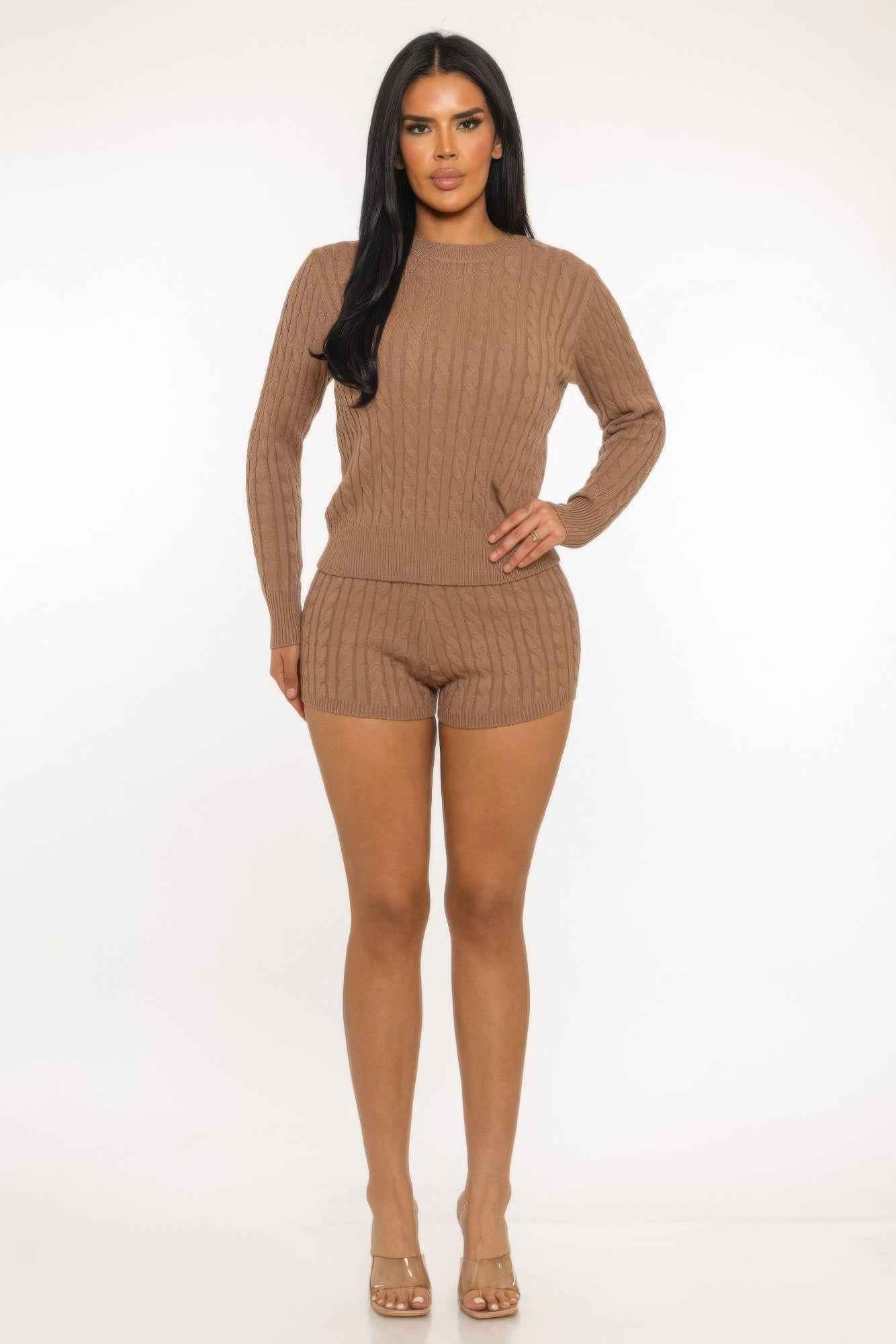 Cable Knit Shorts Set - Crop Top Lounge Two Piece