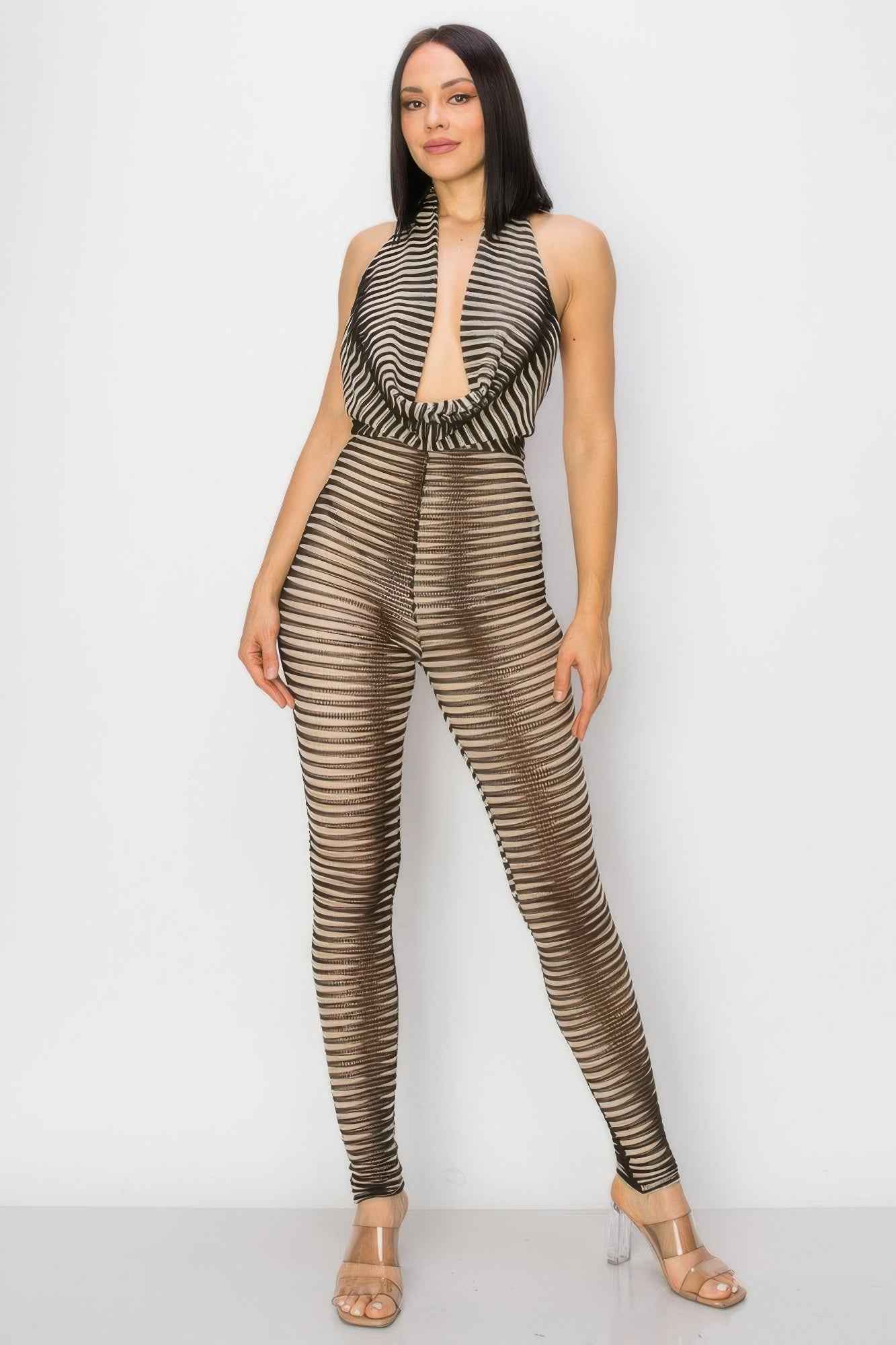 Cowl Neck Mesh Jumpsuit - Taupe Knit Sleeveless Fitted