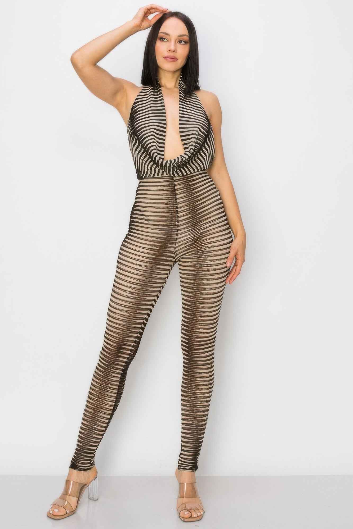 Cowl Neck Mesh Jumpsuit - Taupe Knit Sleeveless Fitted