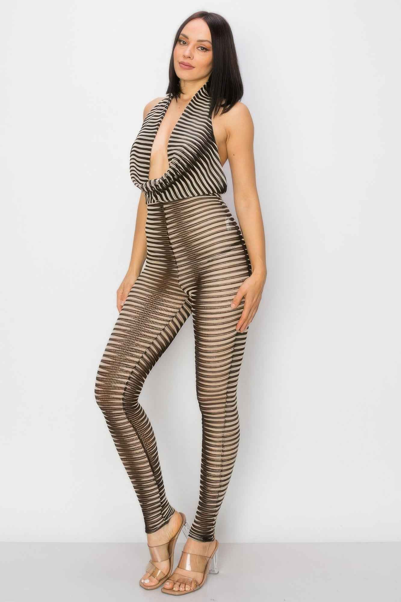 Cowl Neck Mesh Jumpsuit - Taupe Knit Sleeveless Fitted
