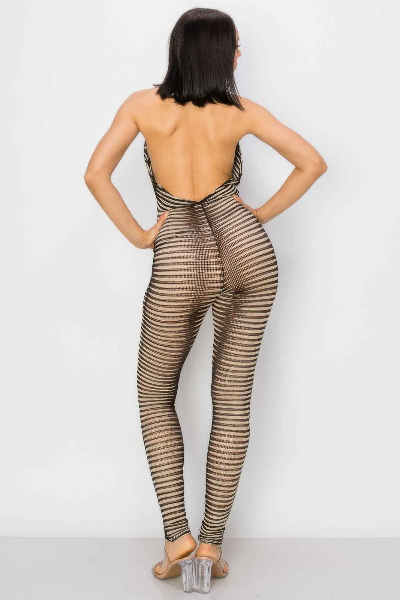 Cowl Neck Mesh Jumpsuit - Taupe Knit Sleeveless Fitted