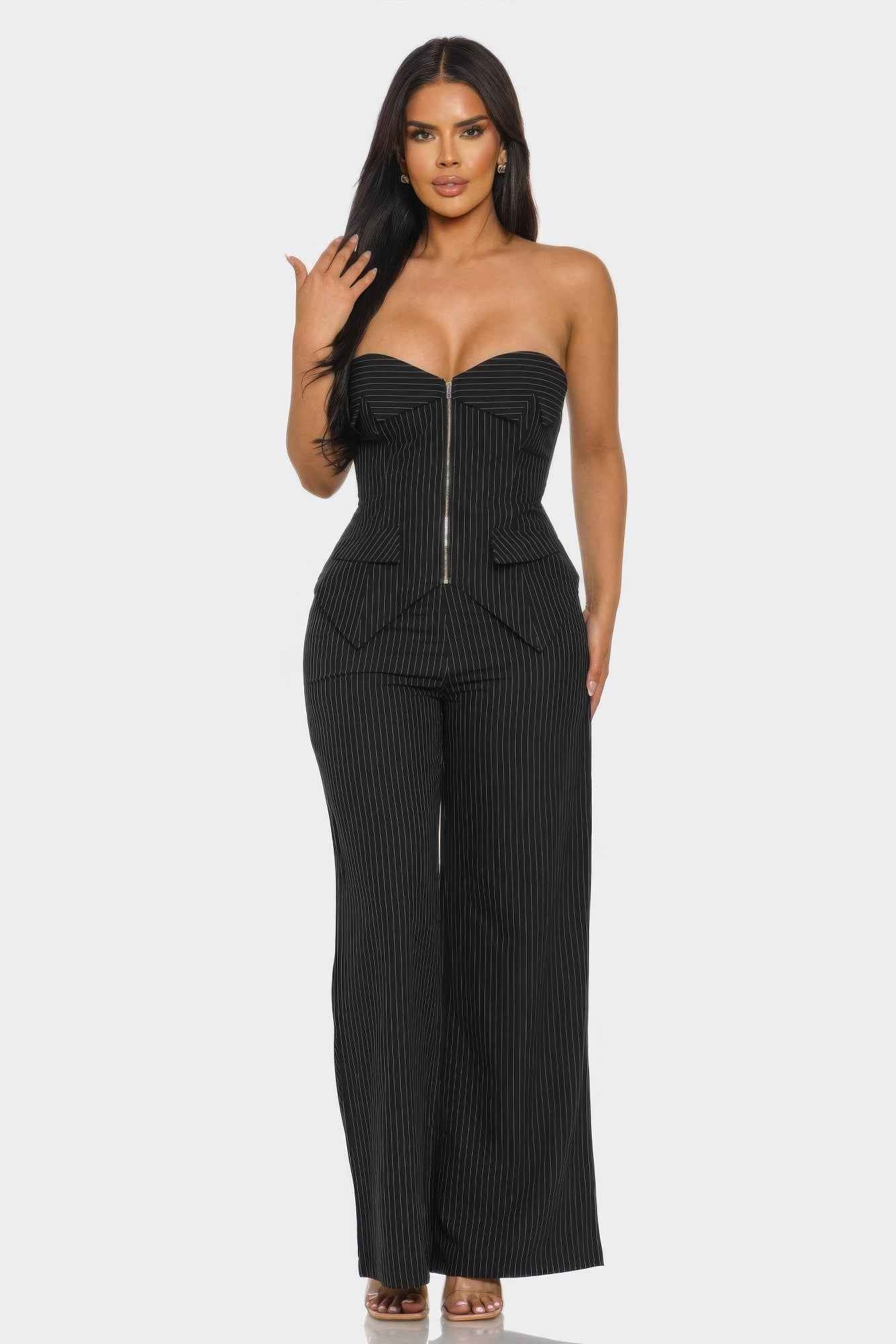Strapless Corset Set - Lace Up Back Wide Leg Pants