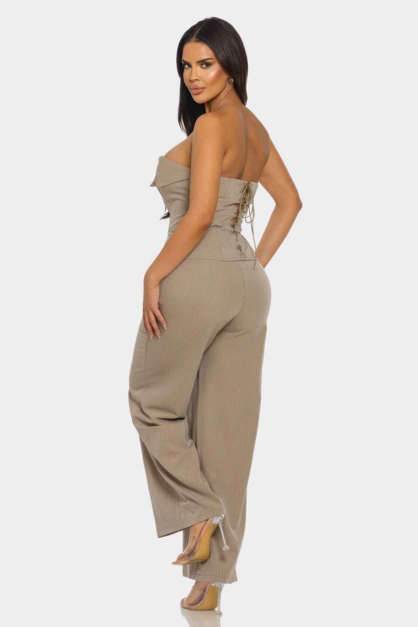 Strapless Corset Set - Lace Up Back Wide Leg Pants