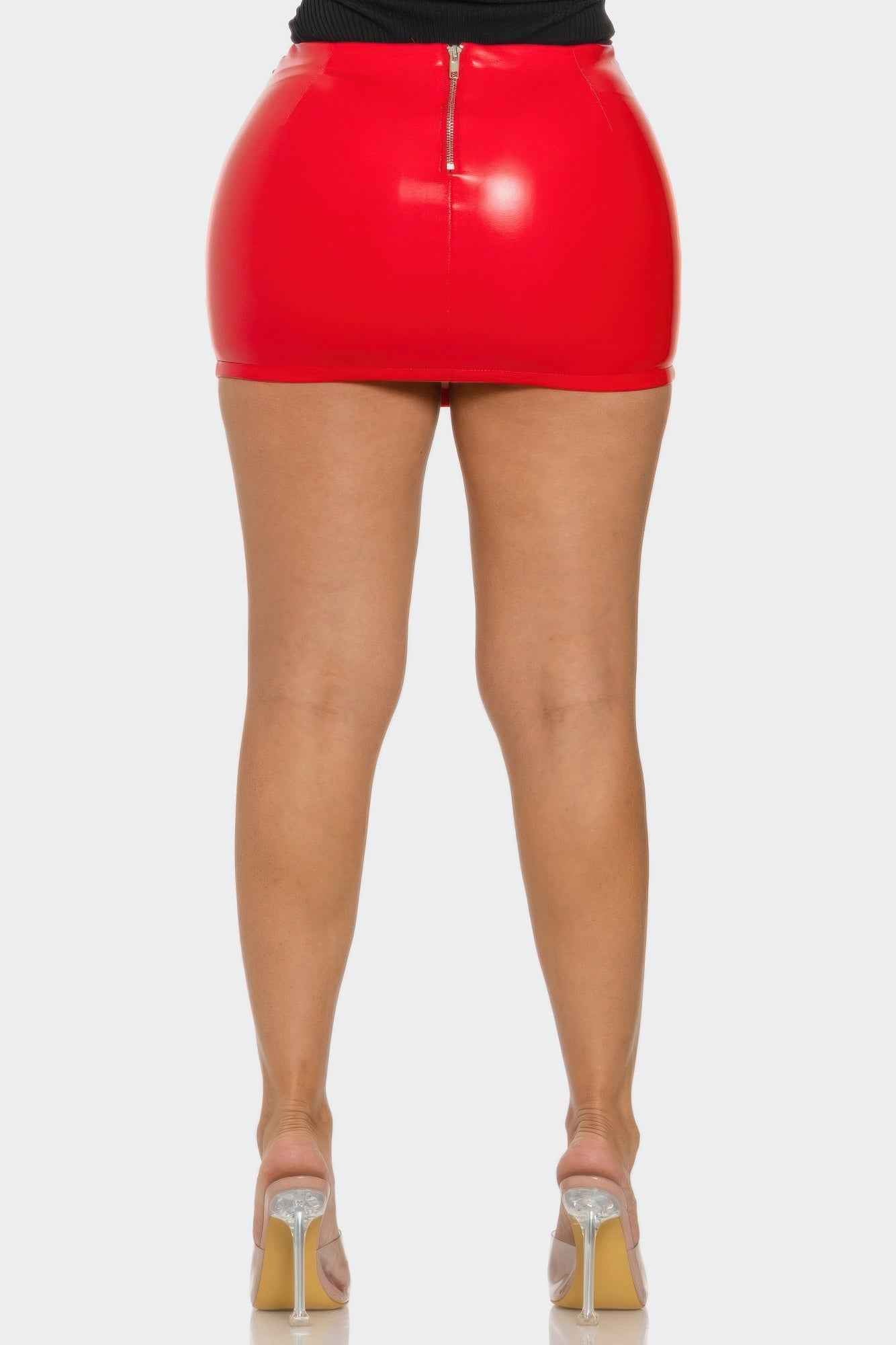 Red Faux Leather Mini Skirt - Buckle Detail Made USA