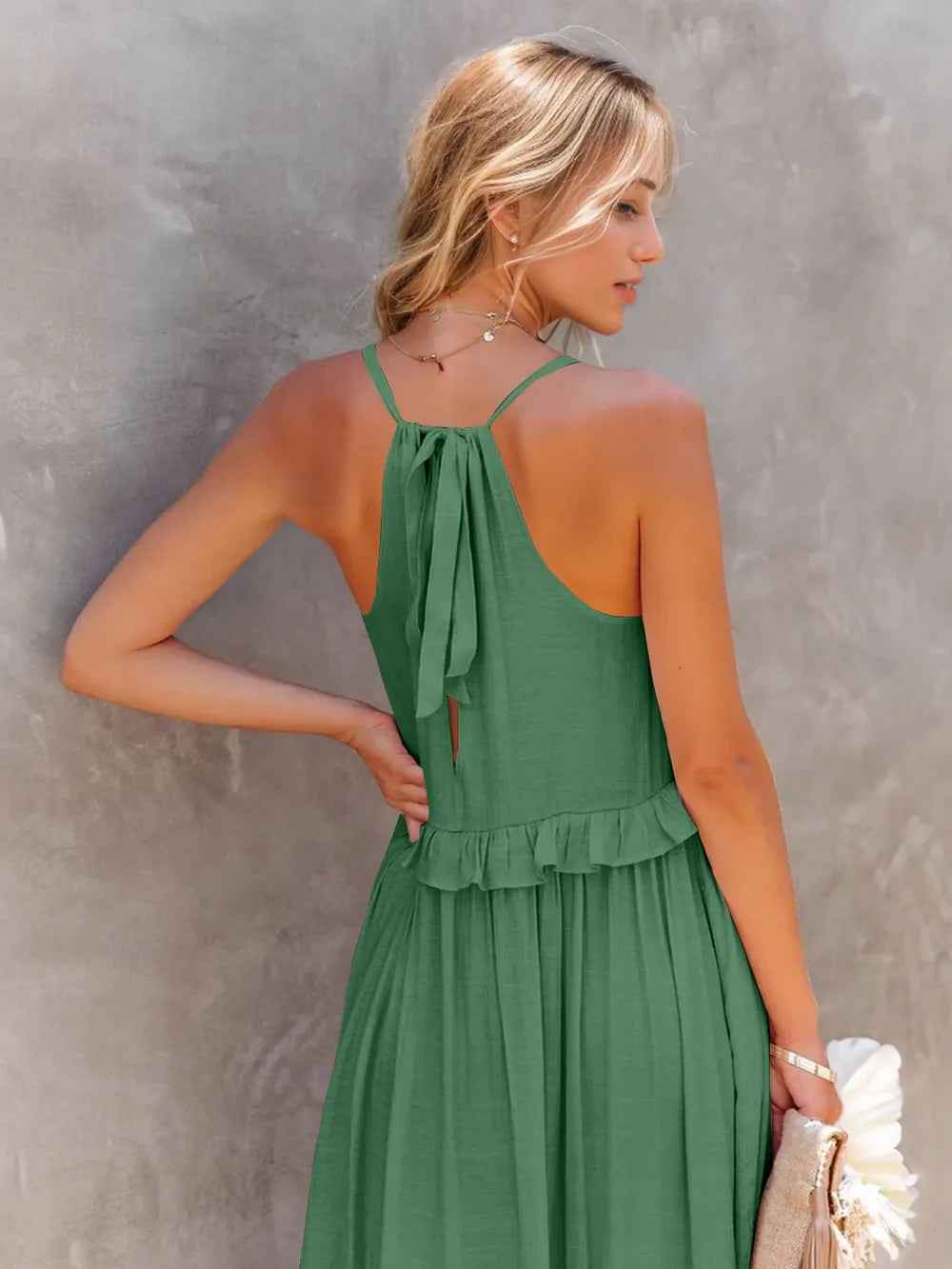 Smocked Tiered Ruffle Maxi Dress - Sleeveless with Pockets