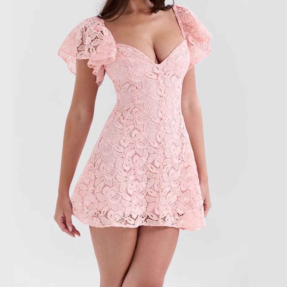 Pink V-Neck Mini Dress - A-Line High Waist Sleeveless