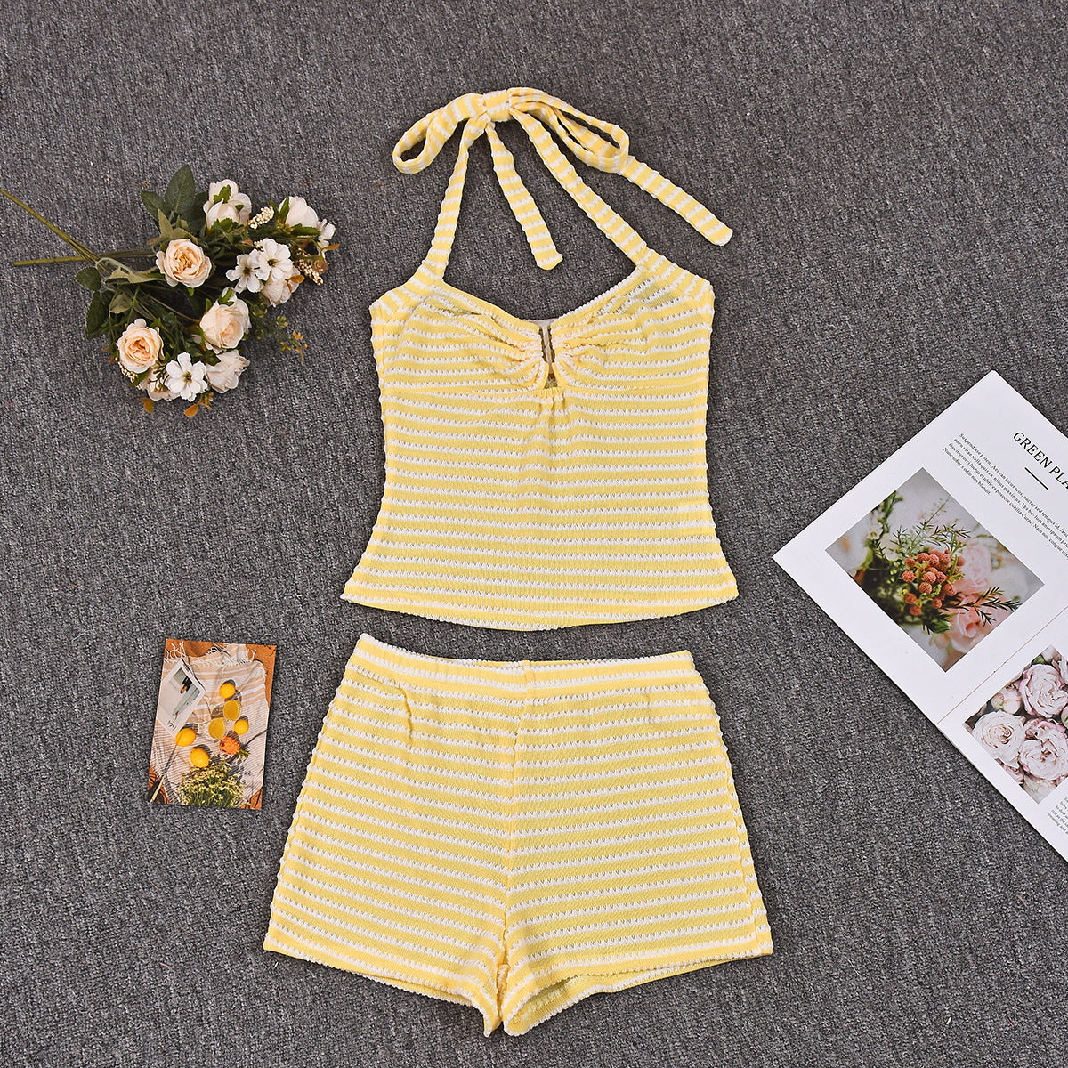 Halter Neck Mini Shorts Set - Decorative Crop Top Outfit