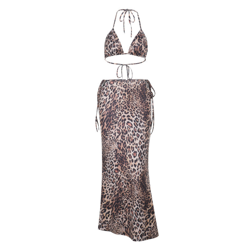 Vacation Style Leopard Bikini Set - Maxi Skirt Cover-Up