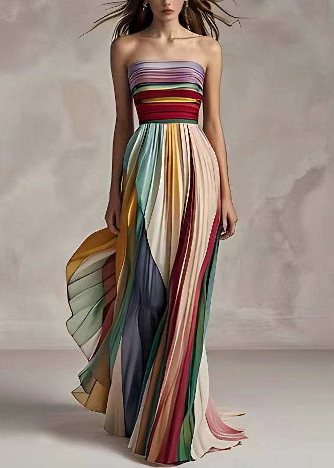 Strapless Color-Block Prom Gown - High Waist Printed Dress