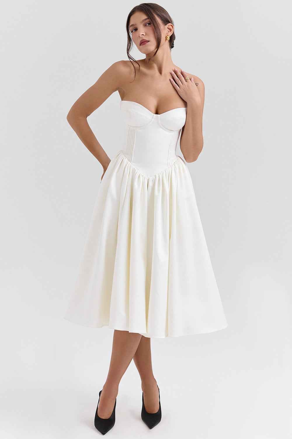 Sweetheart Midi Dress - Strapless Flared A-Line Skirt