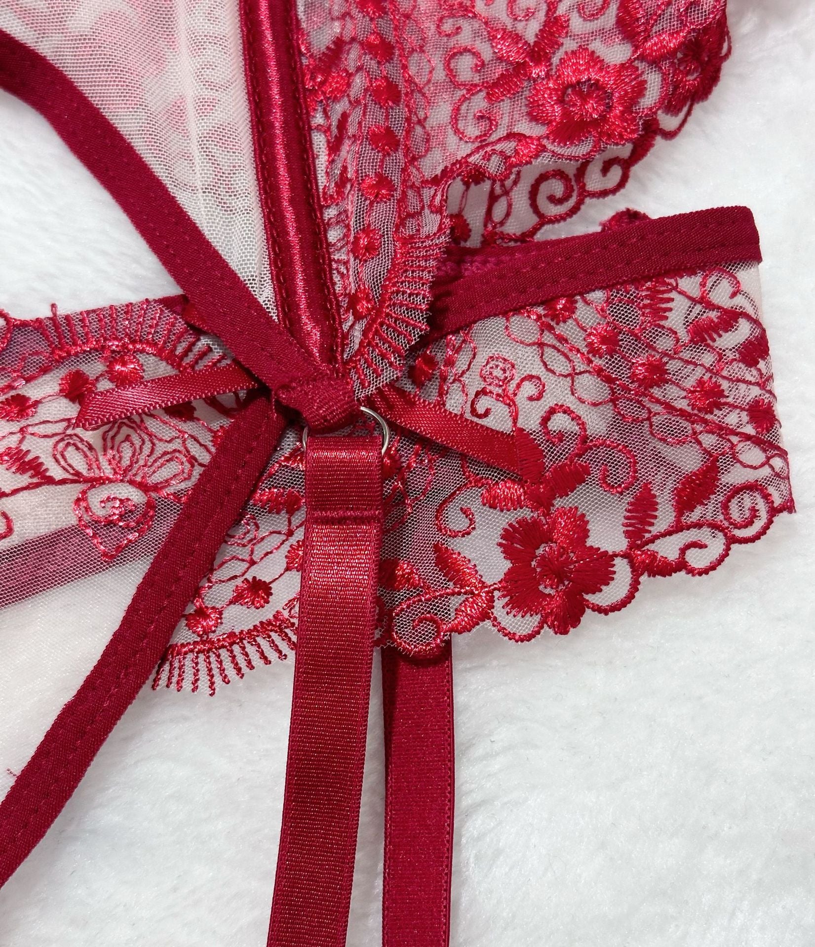 Floral Embroidery Mesh Lingerie Set - Sheer Patchwork - Fashions Envy