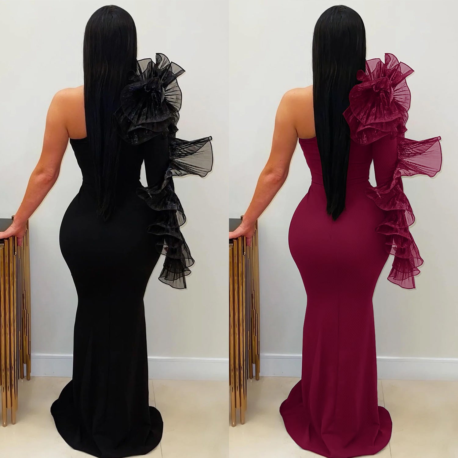 Single Ruffle Sleeve Fitted Dress - Elegant Fashion Gown