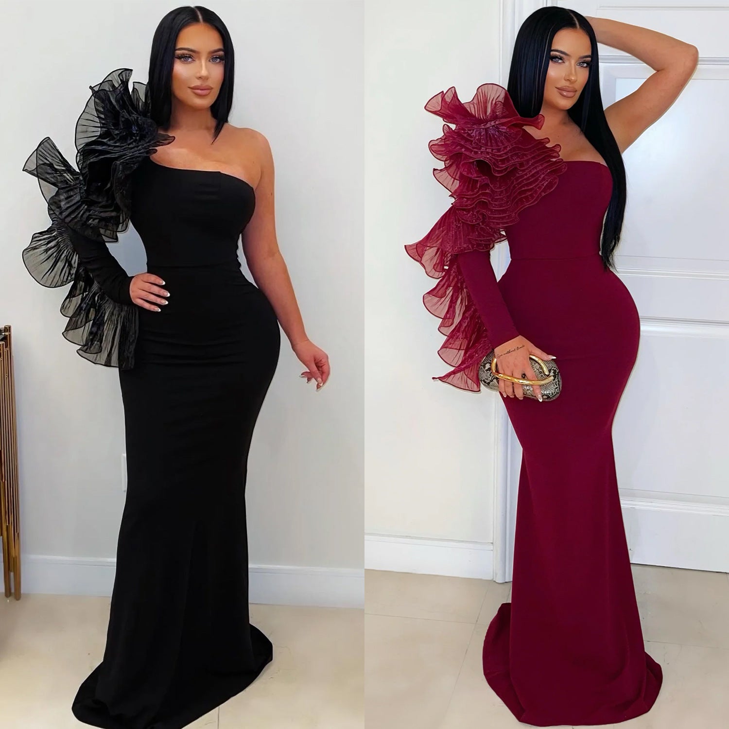 Single Ruffle Sleeve Fitted Dress - Elegant Fashion Gown