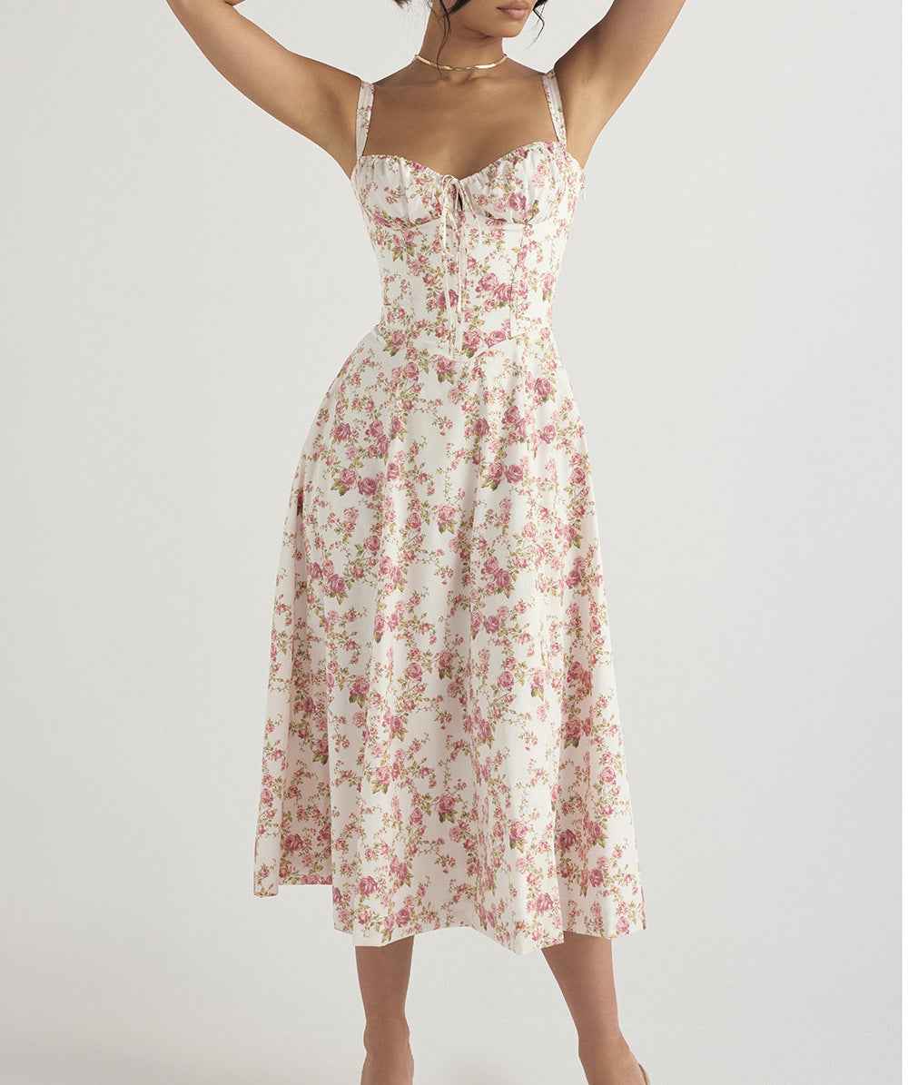 Corset Lace-Up Back Midi Dress - Wide Strap Side Slit