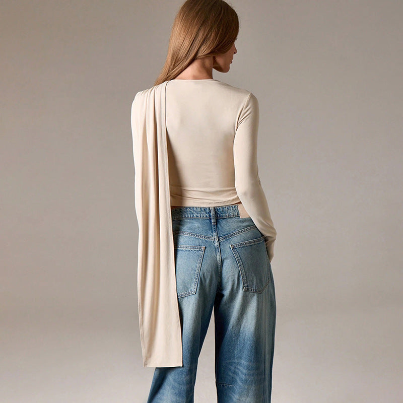 Shoulder Shawl Crop Top - Apricot Long Sleeve Pullover