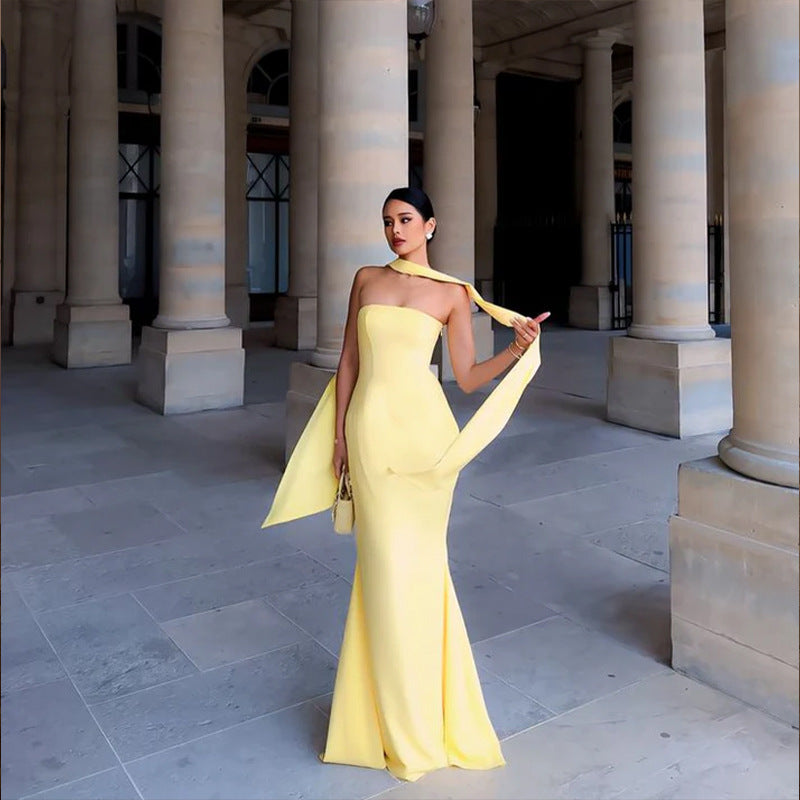 Strapless Ribbon-Trimmed Prom Gown - Fitted Sheath Dress