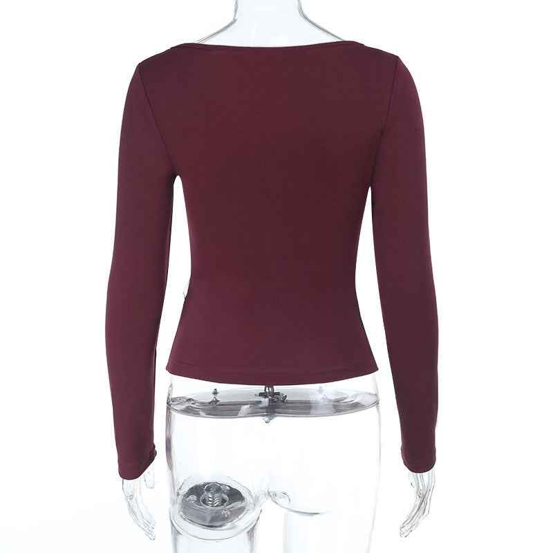 Rhinestone Long Sleeve Top - Burgundy Slim Fit Knit