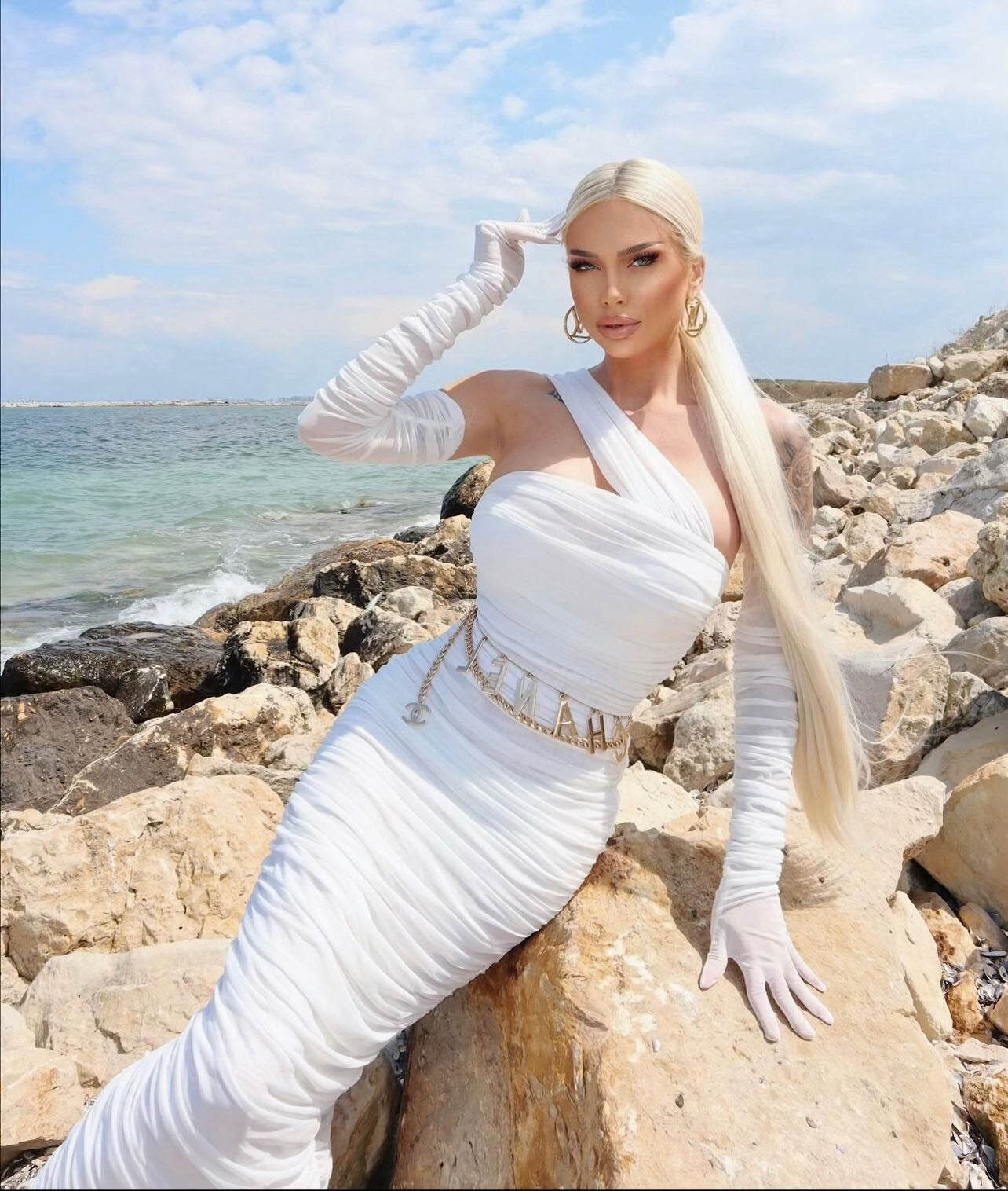 Sheer Mesh Backless Dress - White Halter Long Sleeve