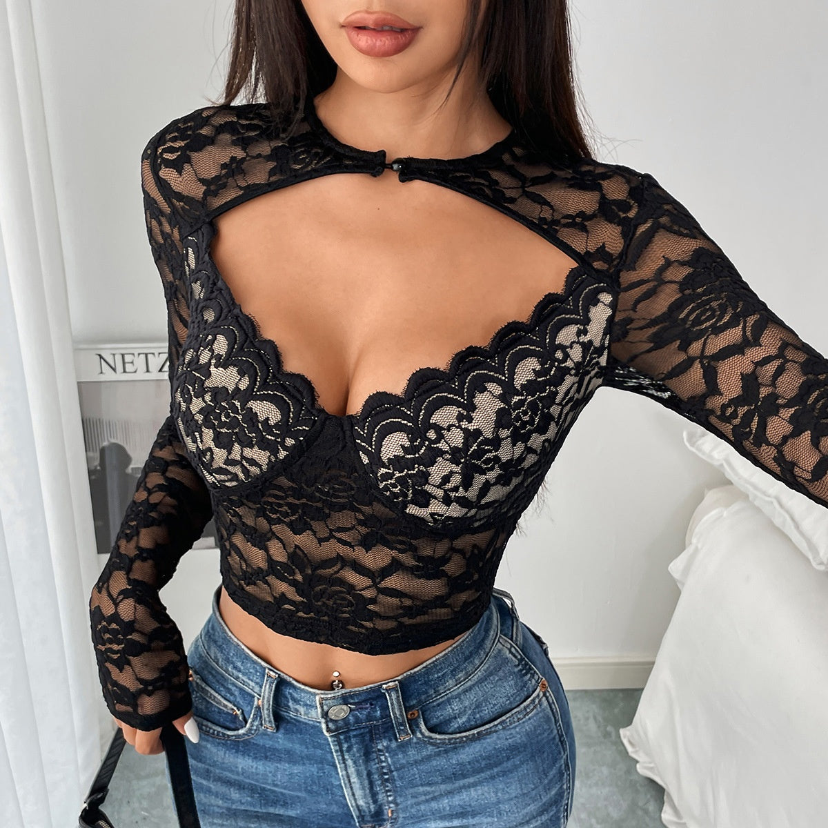 Black Lace Long Sleeve Top - Deep V-Neck Slim Fit - Fashions Envy