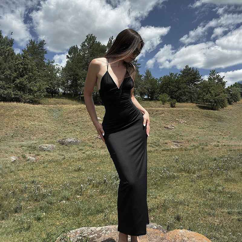 Black Deep V Backless Maxi Dress - Strap High Waist