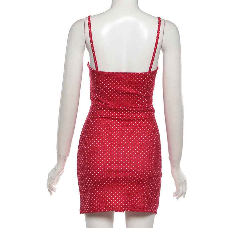Polka Dot Mini Dress - Sweetheart Neckline Bodycon Red