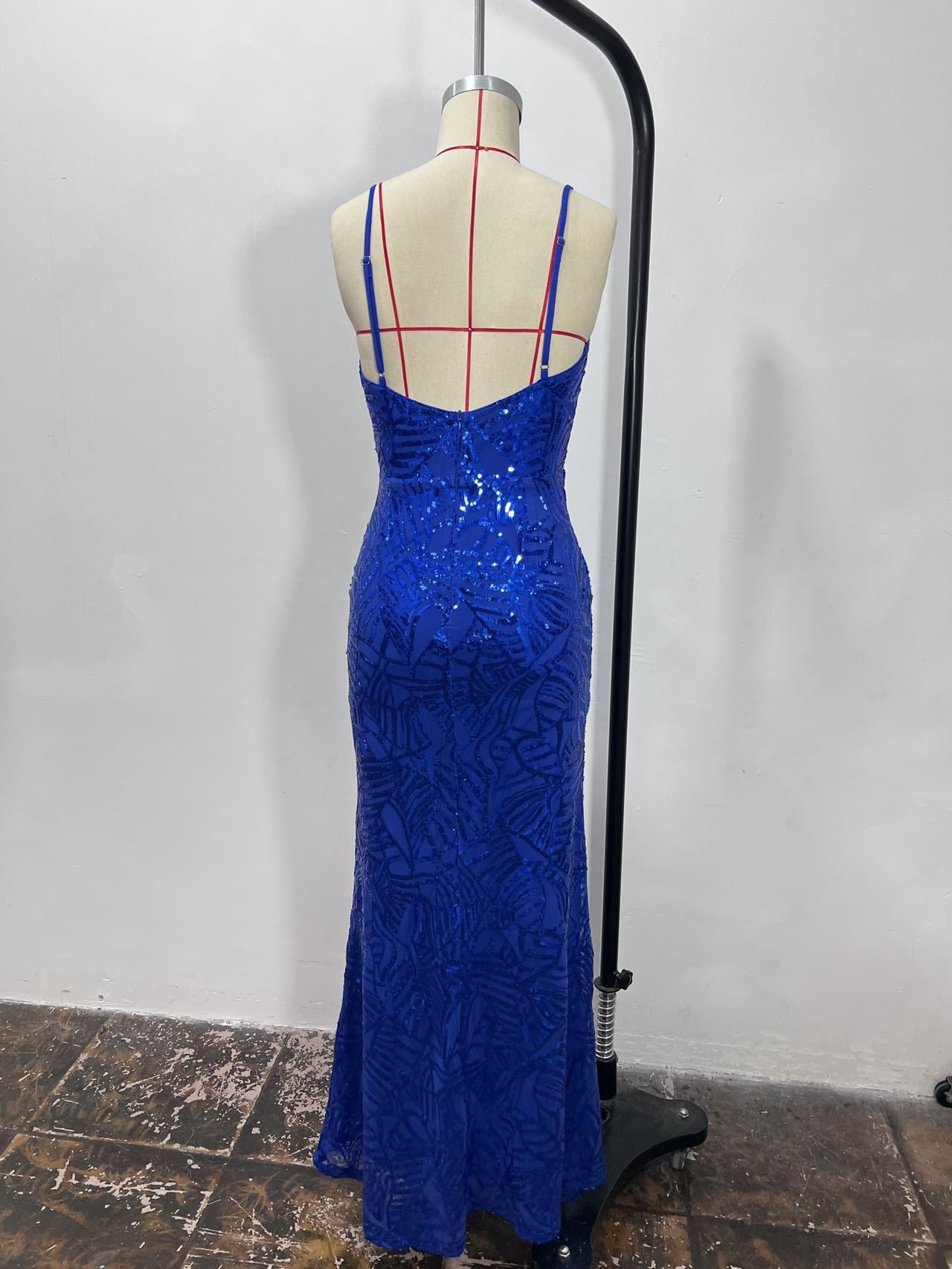 Spaghetti Strap Sequin Prom Gown - Deep V Maxi Slit Dress
