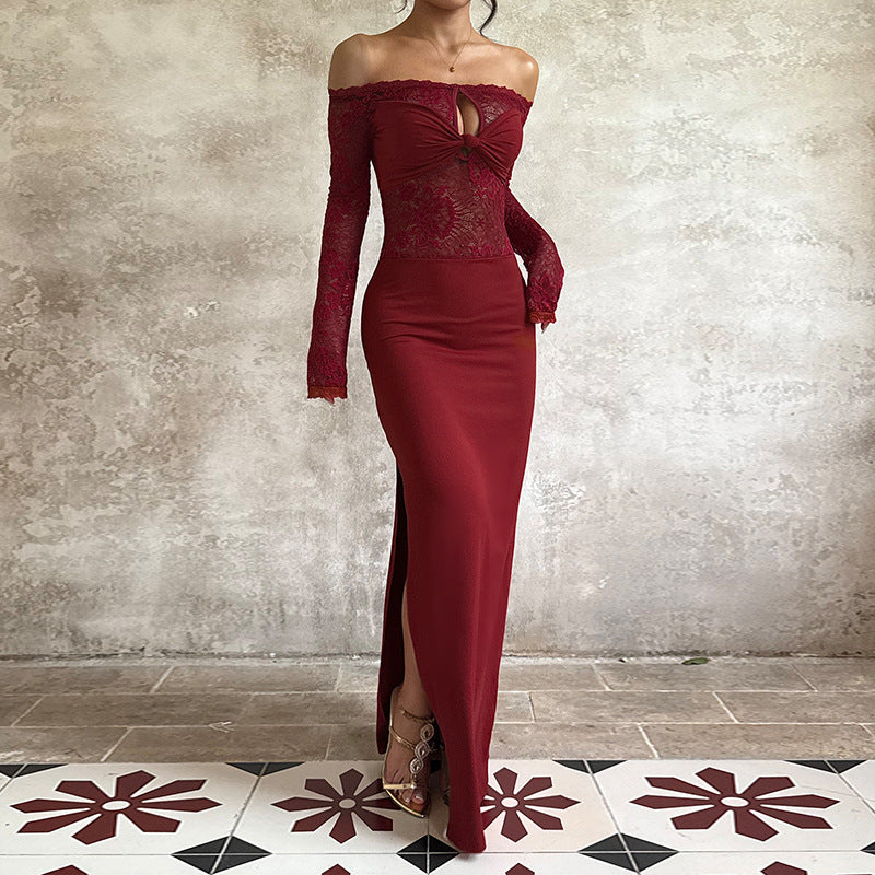 Off Shoulder Bodycon Dress - Lace Long Sleeve Wrap - Fashions Envy