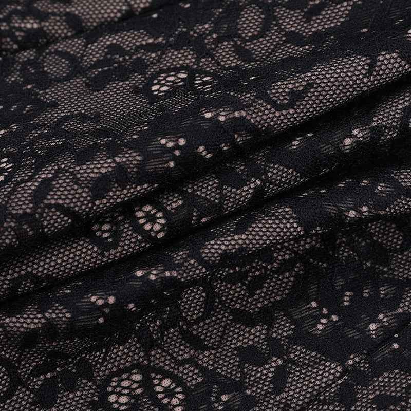 Black Lace Long Sleeve Top - V-Neck Waist Cinched Slim