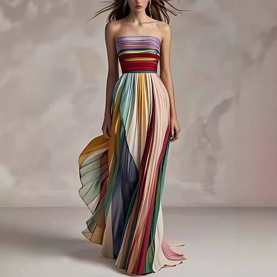 Strapless Color-Block Prom Gown - High Waist Printed Dress