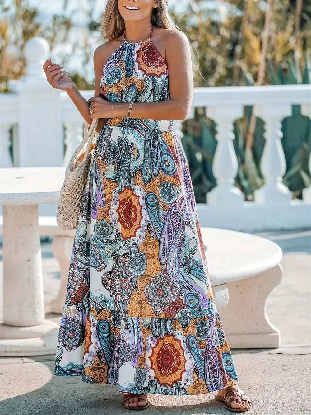 Zebra Print Halter Maxi Dress - Pastel Blue Lace Up