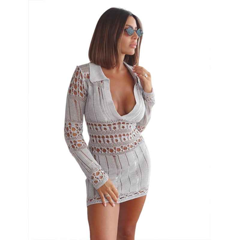 Knit Hollow-Out Bodycon Mini Dress - Ripped Deep V-Neck