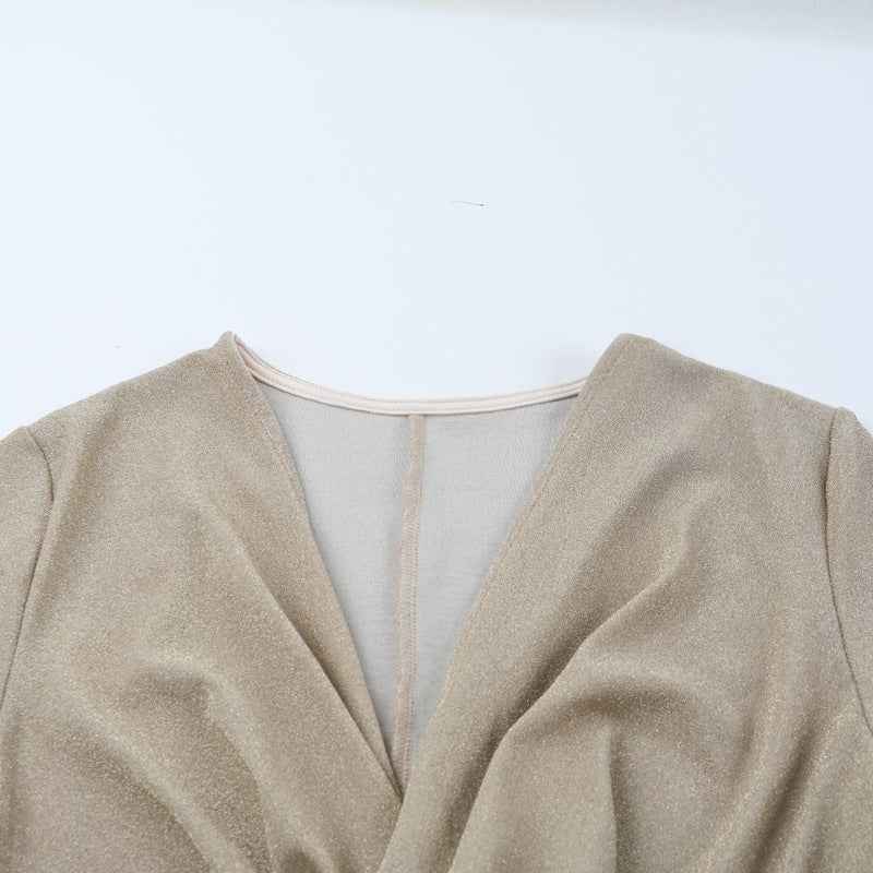 Gold Bodycon Dress - Twisted V-Neck Long Sleeve Wrap
