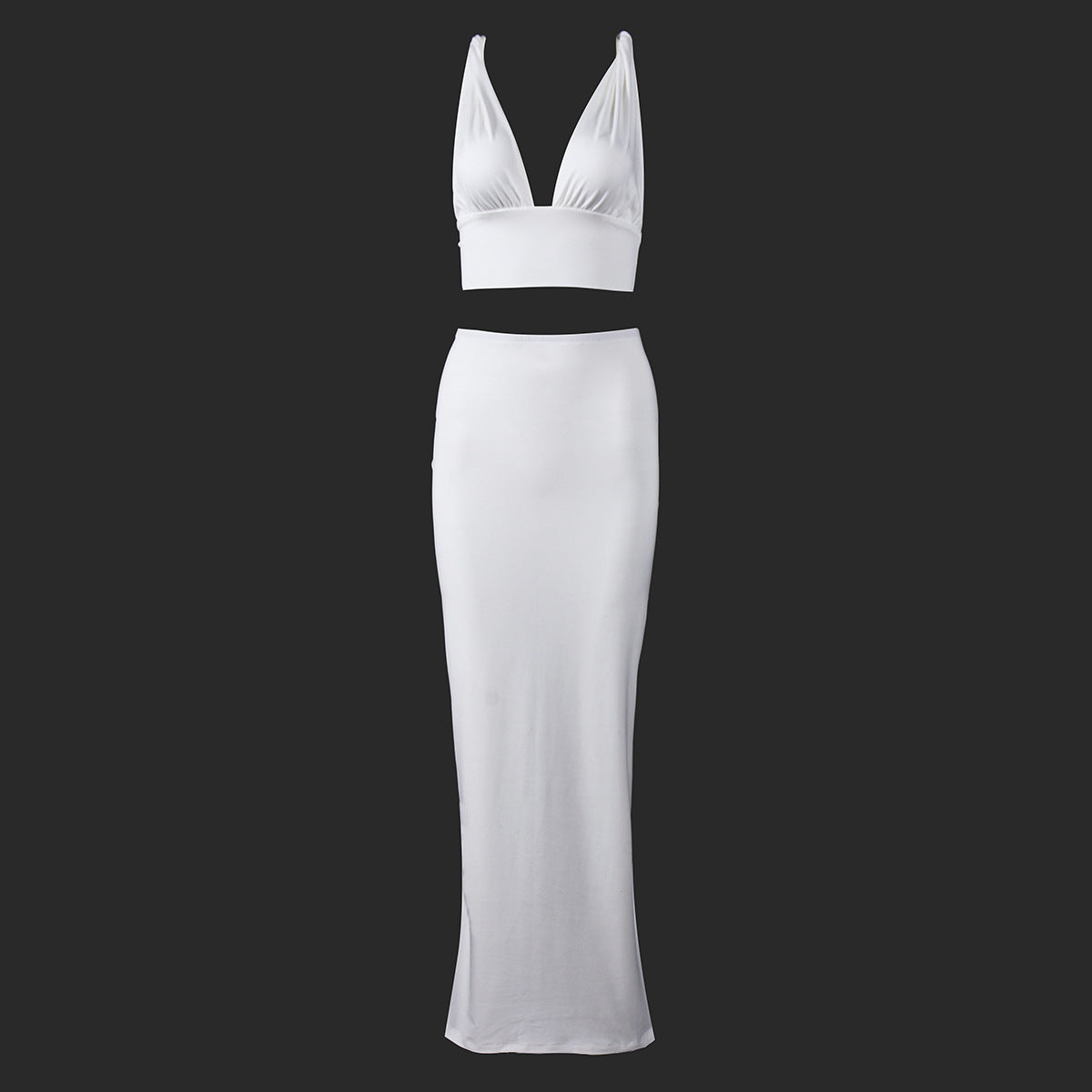 Halter Crop Top and Maxi Skirt Set - White Backless Outfit