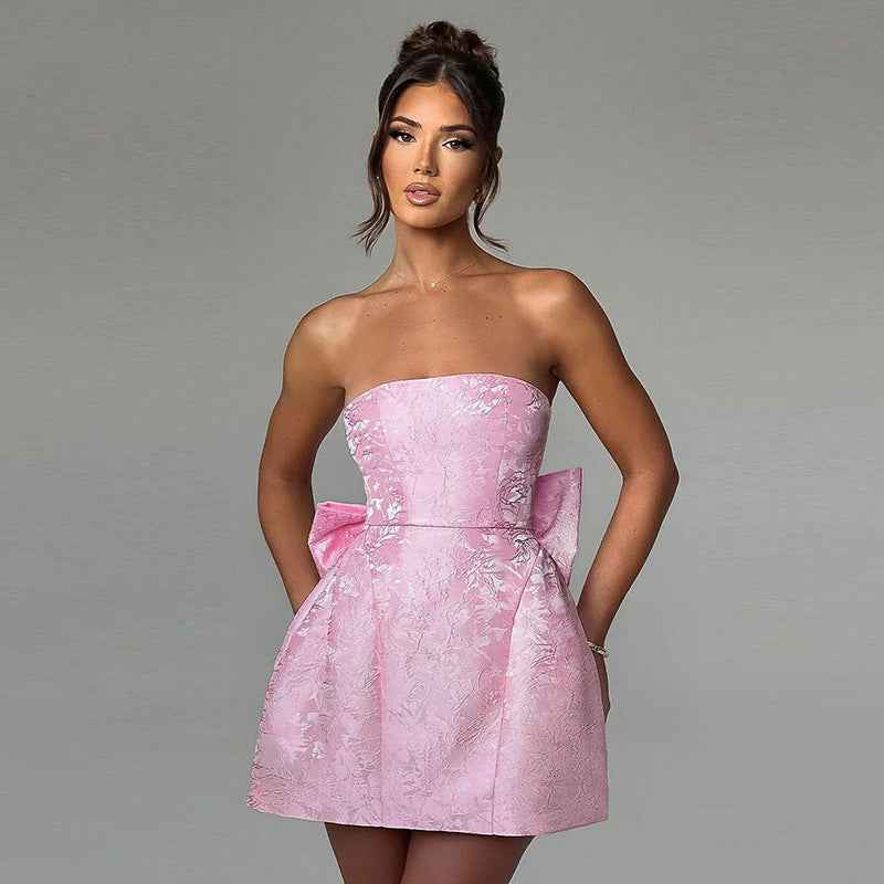 Jacquard Strapless Bow Mini Dress - A-Line Prom Gown