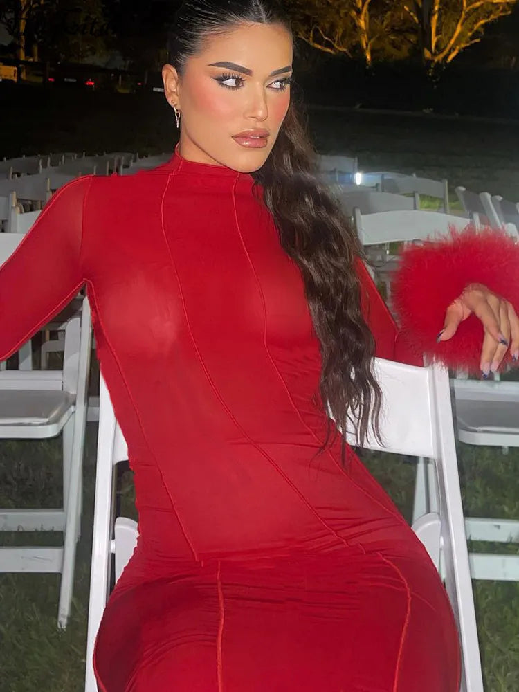 Red Feather Trim Prom Dress - Long Sleeve Maxi Gown