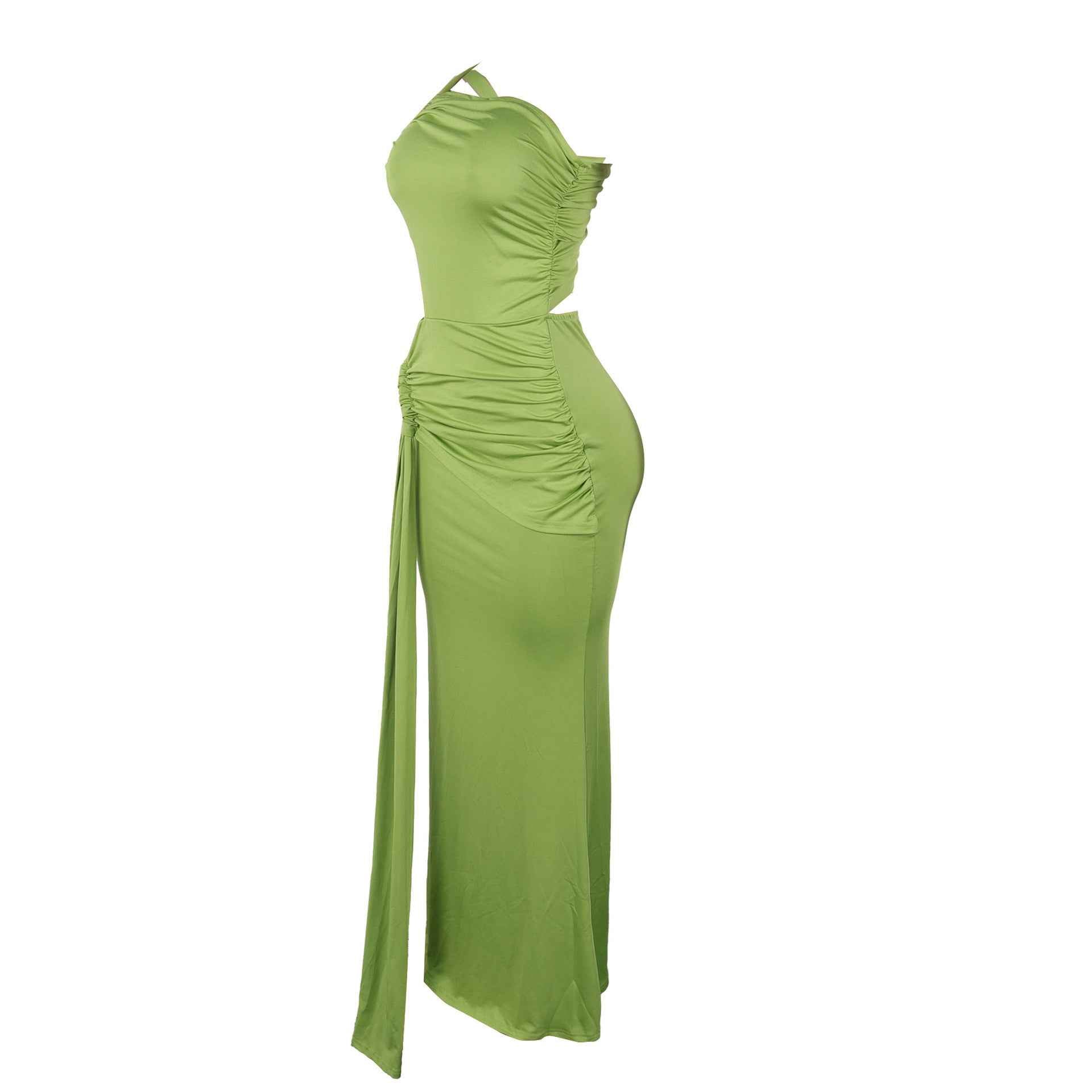 One Shoulder Cutout Maxi Dress - Pleated Bodycon Fit