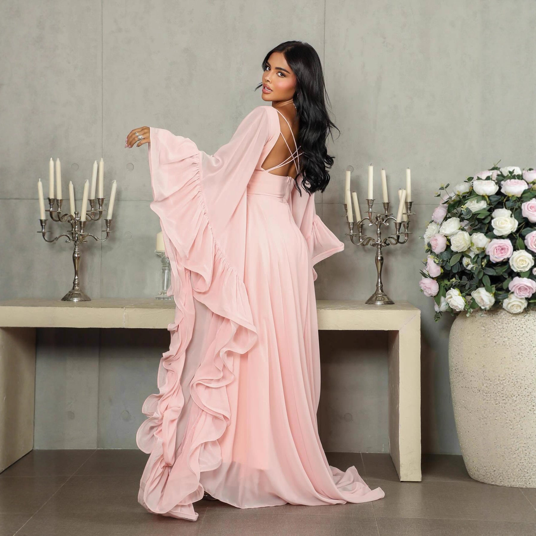 Pink Tulle Prom Gown - Long Sleeve A-Line Ball Dress