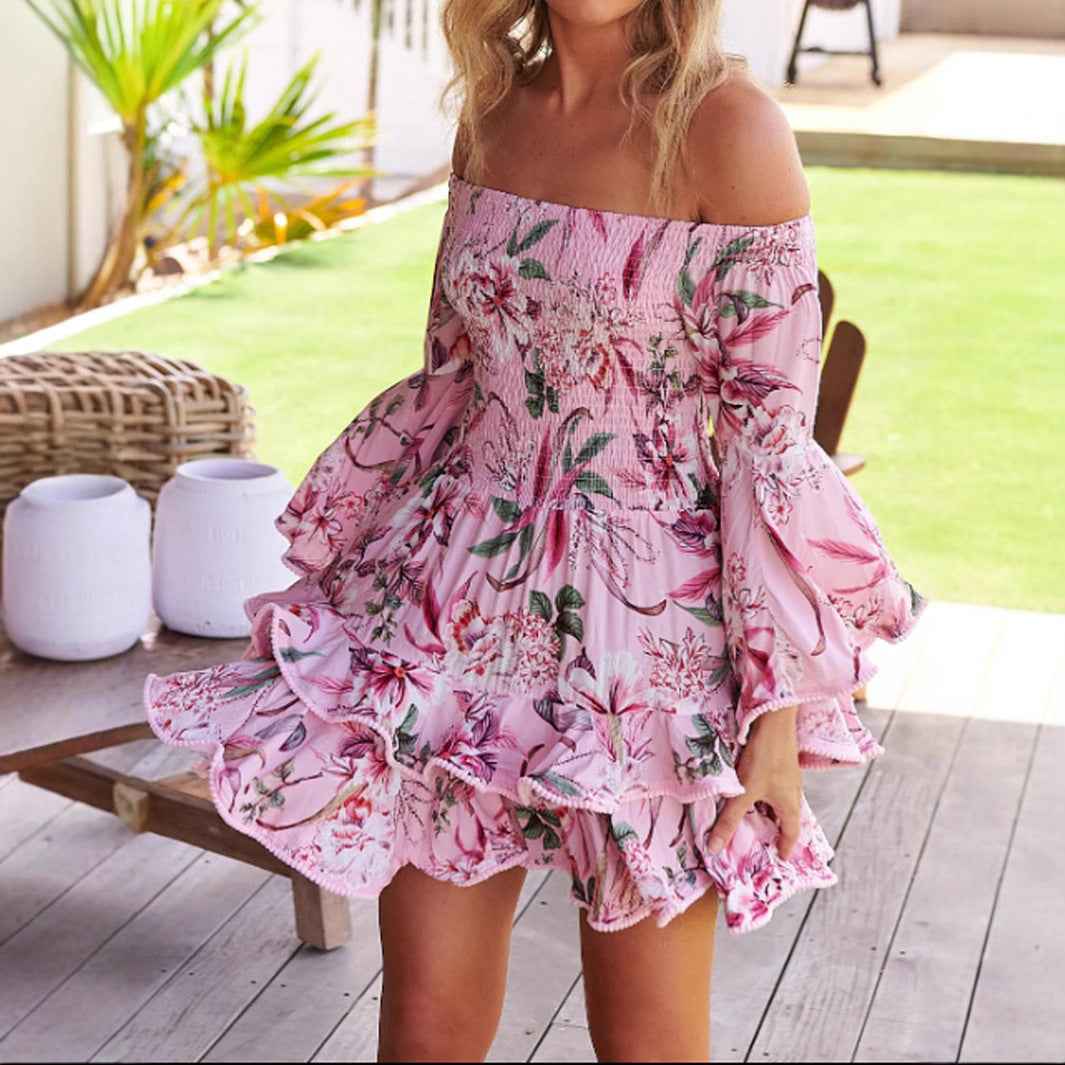 Off-Shoulder Floral Mini Dress - Flared Sleeve Ruffle