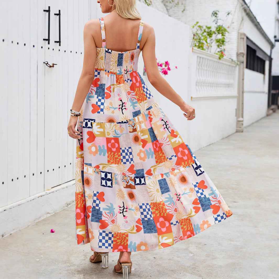 Floral Print Bohemian Maxi Dress - Square Neck Beach Vacation